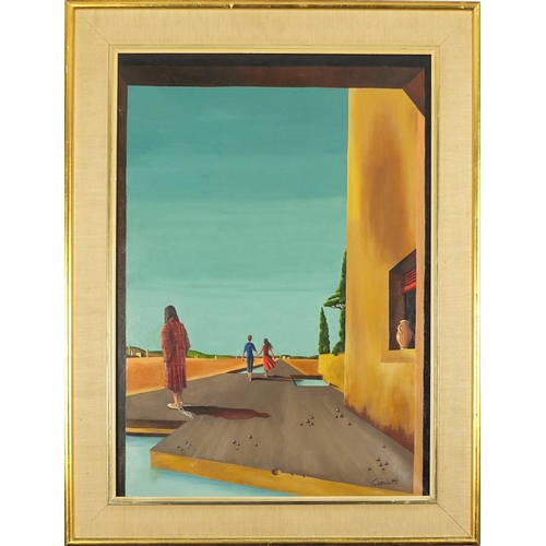 793 - Manner of José Manuel Capuletti- Figures and buildings in a landscape, surreal school oil on canvas,... 