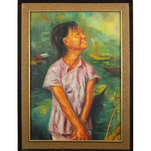 795 - Portrait of an Asian child standing by a river, South East Asian school oil on canvas, bearing monog... 