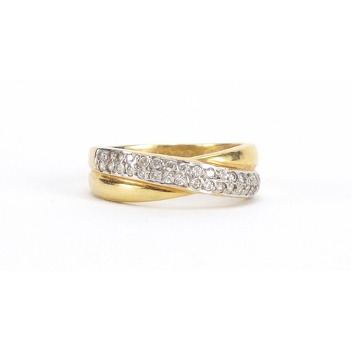 2651 - 18ct gold diamond crossover ring, size M, approximate weight 4.0g