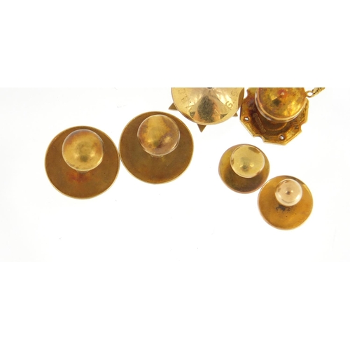 2646 - Gold studs comprising two 9ct gold enamel and diamond Esso (5.5g), three 18ct (6.2g)and one 15ct (0.... 