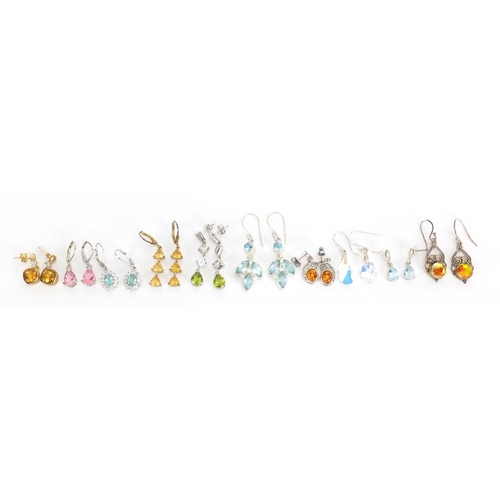 2675 - Ten pairs of silver semi precious stone earrings, approximate weight 36.0g