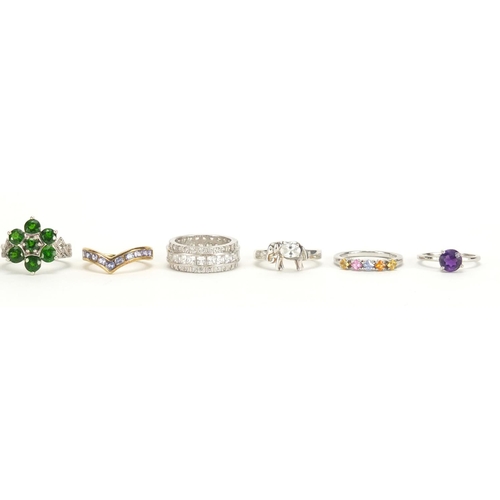2653 - Ten silver semi precious stone rings one set with diamonds, various sizes, approximate weight 34.4g