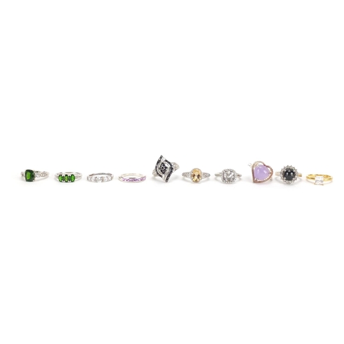 2660 - Ten silver semi precious stone rings one set with diamonds, various sizes, approximate weight 32.0g