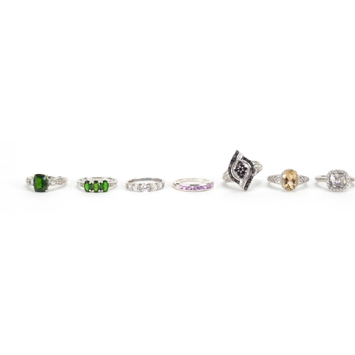 2660 - Ten silver semi precious stone rings one set with diamonds, various sizes, approximate weight 32.0g