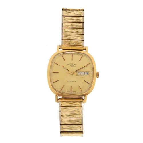 678 - Gentleman's 9ct gold Rotary quartz wristwatch with day date dial, 3.4cm in diameter