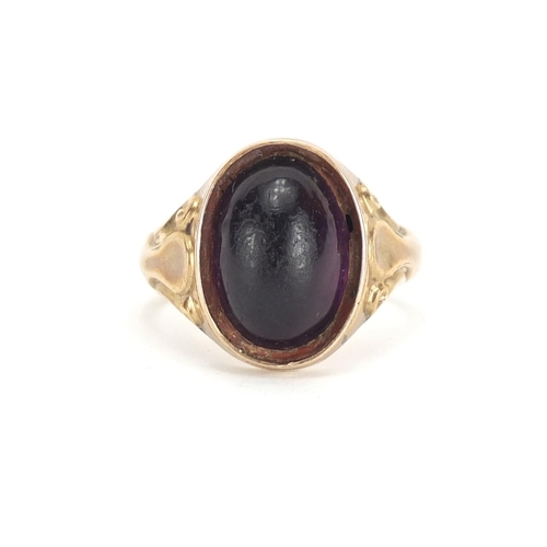 615 - Victorian 9ct gold cabochon purple stone ring with scroll shoulders, Birmingham 1865, size Q, approx... 