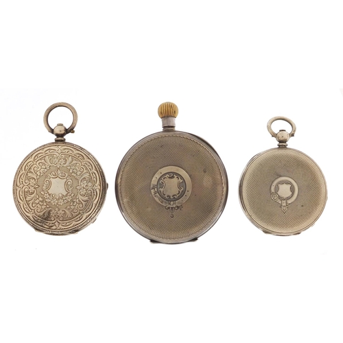 698 - Three silver cased pocket watches including Kay Jones & Co, the largest 4.8cm in diameter