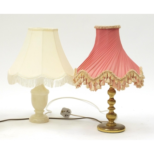 558 - Two pairs of alabaster and brass table lamps with shades
