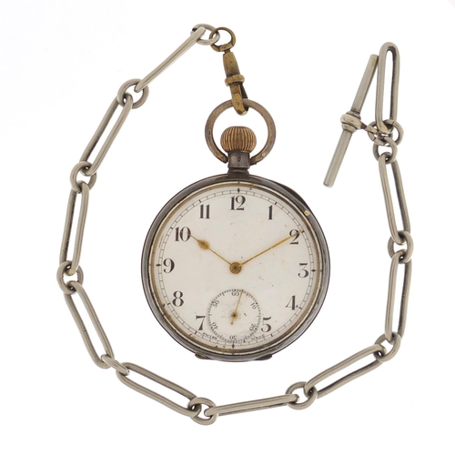 2676 - Gentleman's silver open face pocket watch with subsidiary dial and watch chain, 4.7cm in diameter