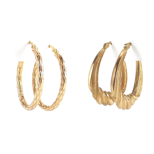 2657 - Two pairs of 9ct gold hoop earrings, the largest 3.2cm in diameter, approximate weight 3.4g