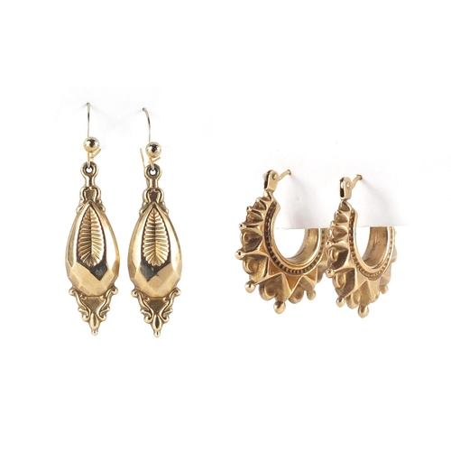 2662 - Two pairs of Victorian style 9ct gold earrings, the largest 4.5cm in length, approximate weight 3.2g
