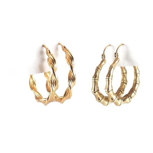 2664 - Two pairs of 9ct gold hoop earrings, the largest 2.6cm in diameter, approximate weight 3.8g