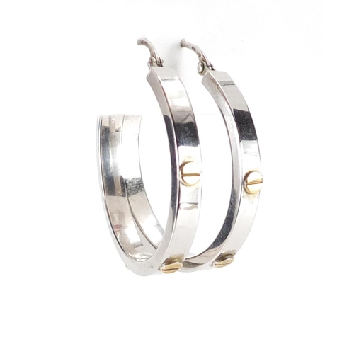 2645 - Pair of Cartier style 9ct white gold hoop earrings, 3.7cm in diameter, approximate weight 5.2g