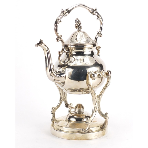 245 - Silver plated copper teapot on stand with burner, 37cm high