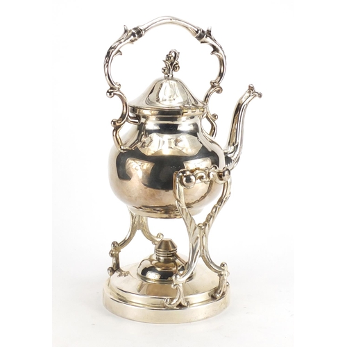 245 - Silver plated copper teapot on stand with burner, 37cm high