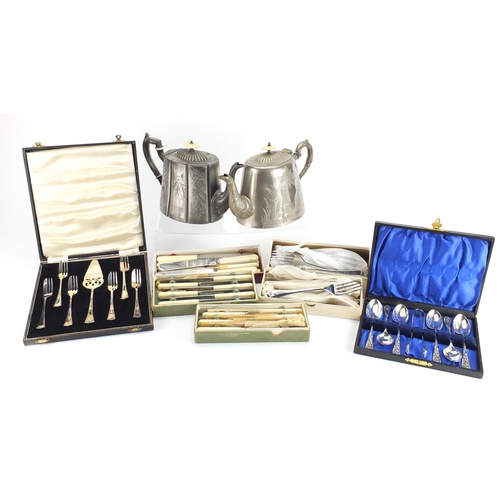 531 - Silver plated and stainless steel cutlery and two Victorian teapots