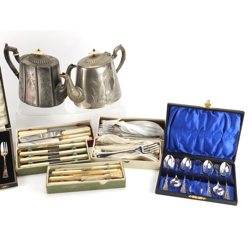 531 - Silver plated and stainless steel cutlery and two Victorian teapots