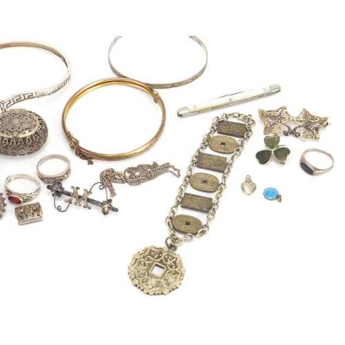 356 - Silver and white metal jewellery including necklaces, bracelets, Victorian brooch and gold plated ba... 