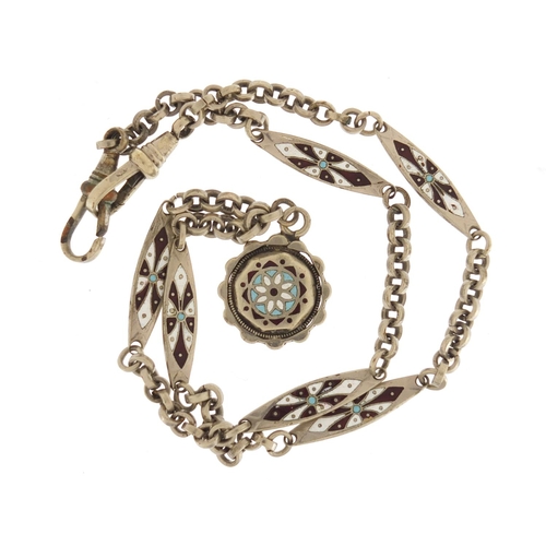 361 - Silver coloured metal enamel watch chain, 48cm in length, approximate weight 29.2g