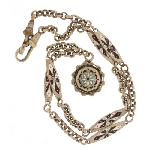 361 - Silver coloured metal enamel watch chain, 48cm in length, approximate weight 29.2g