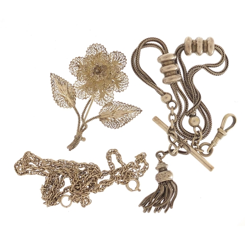 357 - Victorian silver coloured metal watch chain, silver necklace and Filigree brooch, approximate weight... 