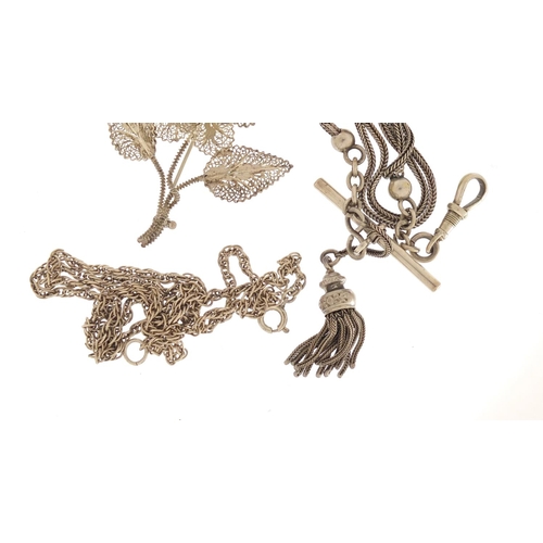 357 - Victorian silver coloured metal watch chain, silver necklace and Filigree brooch, approximate weight... 