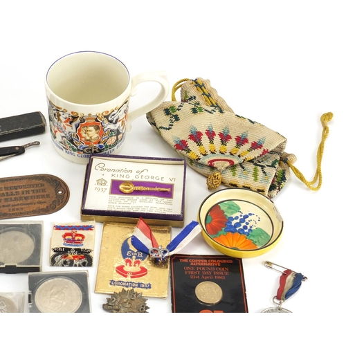 687 - Objects including a Clarice Cliff dish, Laura Knight tankard, silver and coins