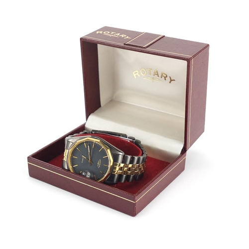 389 - Gentleman's Rotary quartz wristwatch with date dial, with box, 3.5cm in diameter