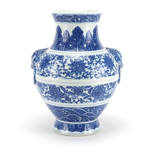 229 - Chinese blue and white porcelain vase with animalia ring tuned handles, finely hand painted with flo... 