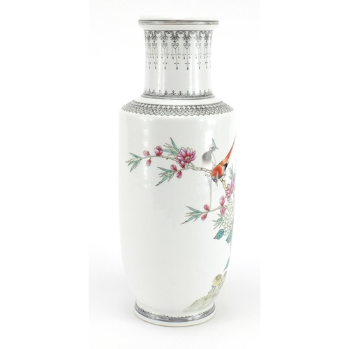 213 - Chinese porcelain vase hand painted with bird of paradise amongst flowers, calligraphy to the revers... 