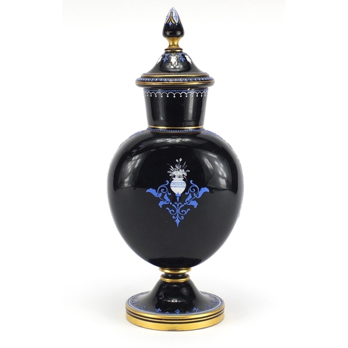 434 - 19th century glass vase and cover, enamelled with a classical scene, 37cm high