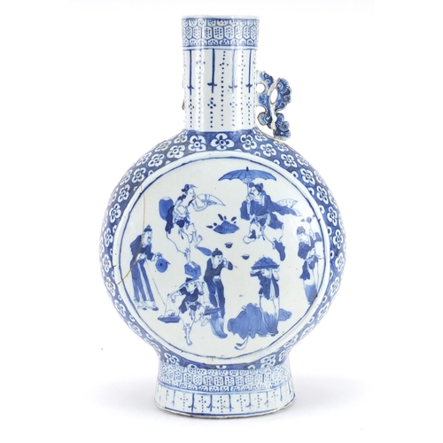 245 - Large Chinese blue and white porcelain moon flask hand painted with figures and flowers, 37cm high