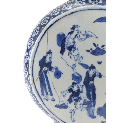 245 - Large Chinese blue and white porcelain moon flask hand painted with figures and flowers, 37cm high