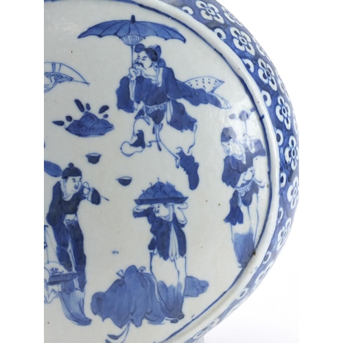 245 - Large Chinese blue and white porcelain moon flask hand painted with figures and flowers, 37cm high