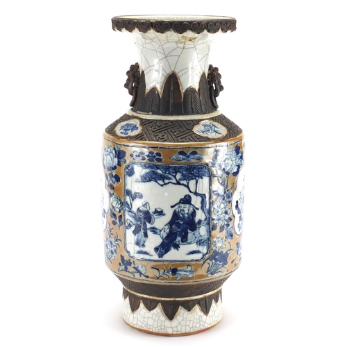 236 - Chinese crackle glazed porcelain vase with animalia ring turned handles, hand painted with figures a... 