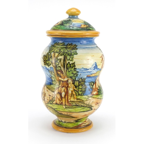 424 - Antique Italian Maiolica jar and cover hand painted with figures in a landscape, inscribed Pesaro to... 