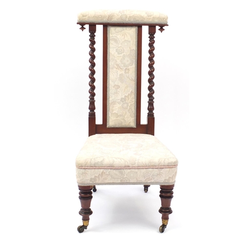 2104 - Victorian mahogany barley twist Prie-Dieu with floral upholstery, 100cm high