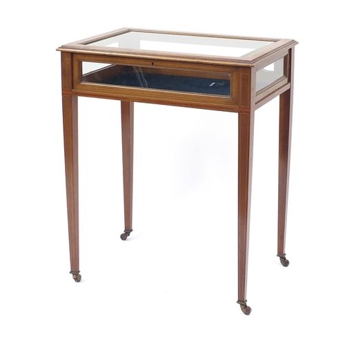 2041 - Edwardian inlaid mahogany bijouterie table on tapering legs, 72cm H x 60cm W x 42cm D