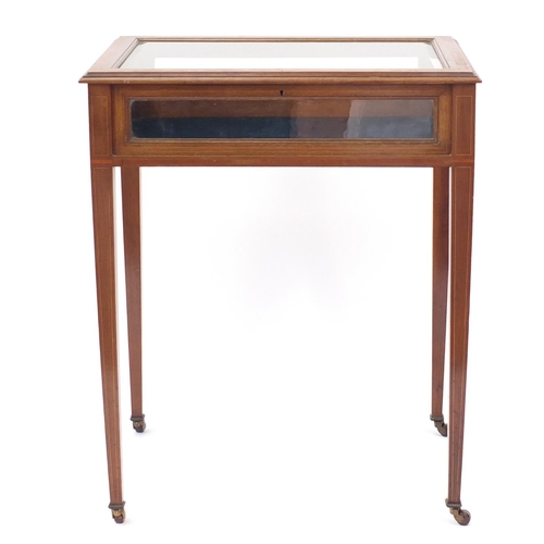 2041 - Edwardian inlaid mahogany bijouterie table on tapering legs, 72cm H x 60cm W x 42cm D