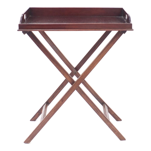 2109 - Mahogany butlers tray table with folding stand, 81cm H x 66cm W x 46cm D