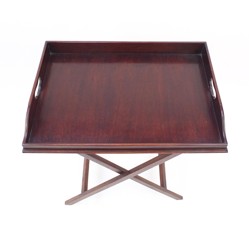 2109 - Mahogany butlers tray table with folding stand, 81cm H x 66cm W x 46cm D