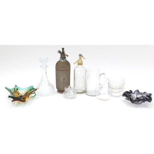 527 - Glassware including two Murano bowls and two soda syphon's, one etched Schweppes
