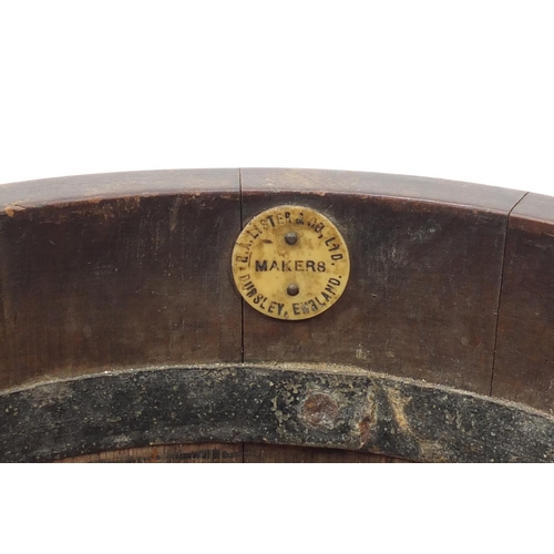 36 - Brass bound oak barrel planter with G A Lister & Co makers label, 22.5cm high x 26cm in diameter