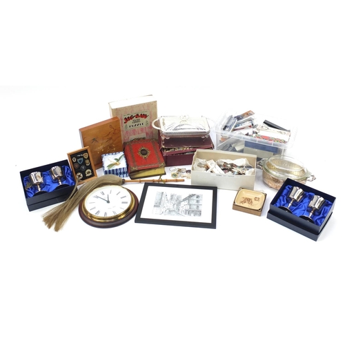 839 - Sundry items including silver plated souvenir teaspoons, clocks and wooden jigsaw puzzles