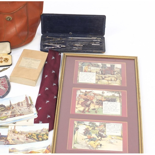 840 - Ephemera including comical pictures, postcards and a vintage brown leather holdall