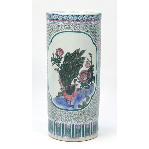 2180 - Large Chinese porcelain stick stand decorated with a peacock, 63cm high