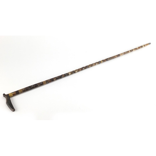 100 - Horn handled walking stick with segmented horn shaft, the handle possibly rhinoceros horn, 86cm in l... 