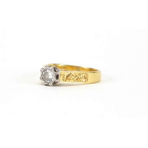 588 - 18ct gold diamond solitaire ring, with engraved shoulders, EF Sheffield 1922, size O, approximate we... 