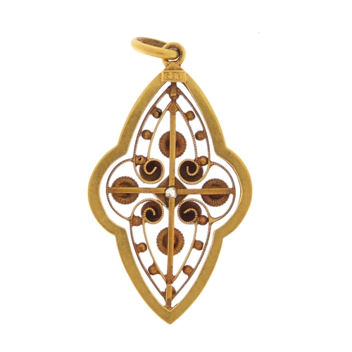 653 - Victorian 14ct gold diamond pendant, 3cm in length, approximate weight 2.0g