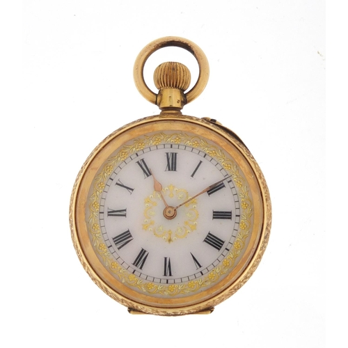 706 - Continental ladies 18ct gold pocket watch with ornate dial, the case numbered 73242, 3.5cm in diamet... 